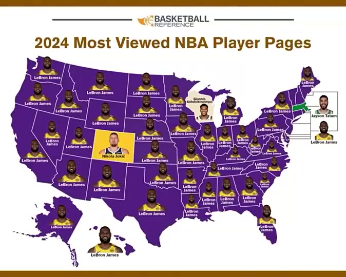24年各州球員資料瀏覽次數(shù)最多球員全美只有三個(gè)州不是詹姆斯