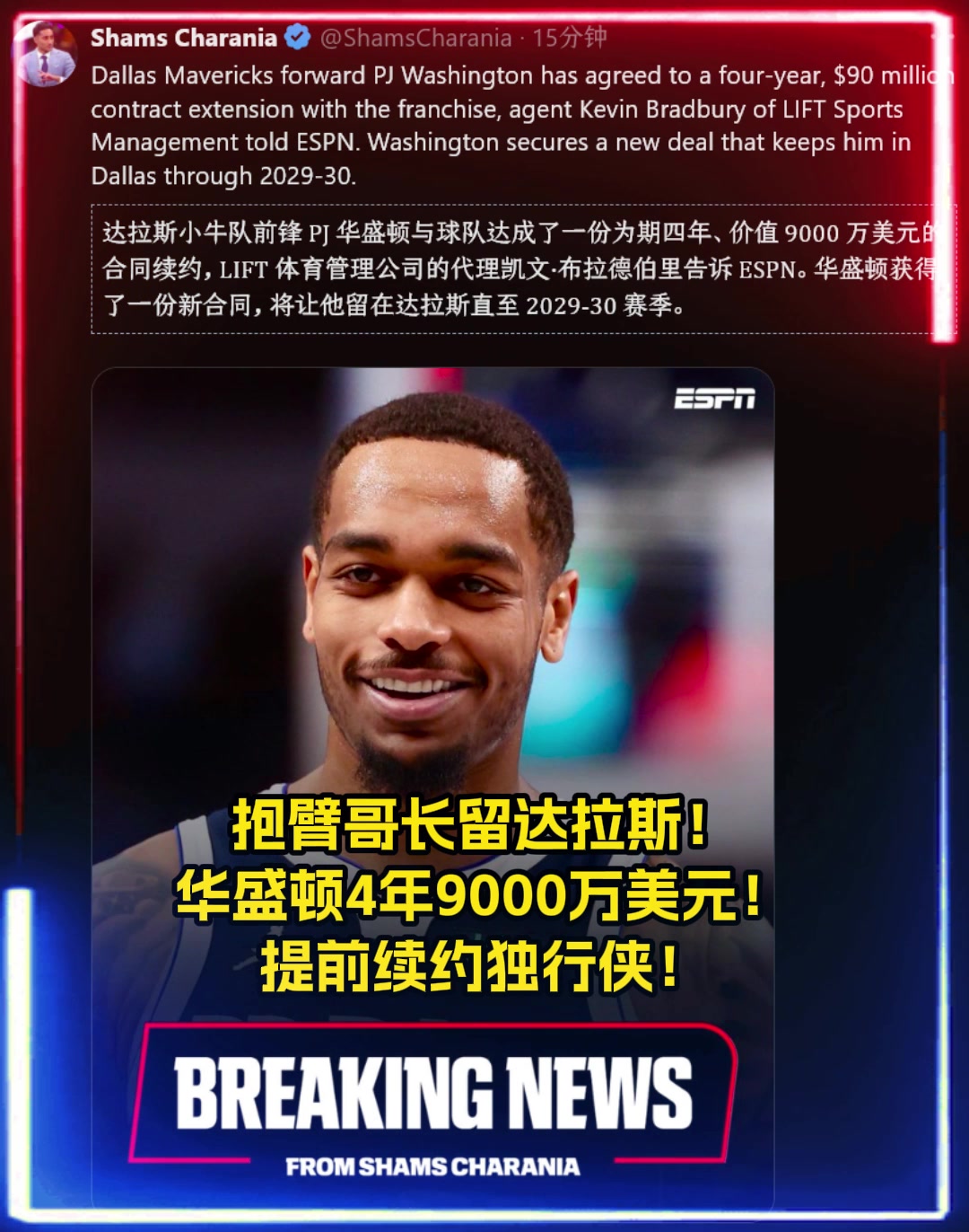 良心價貴了嗎名記華盛頓4年9000萬提前續(xù)約獨行俠