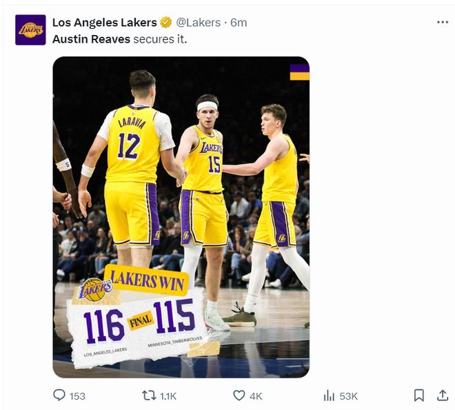 裡夫斯絕殺沖上全美第1熱搜：魔術師直言英雄 湖媒東契奇都贊山羊