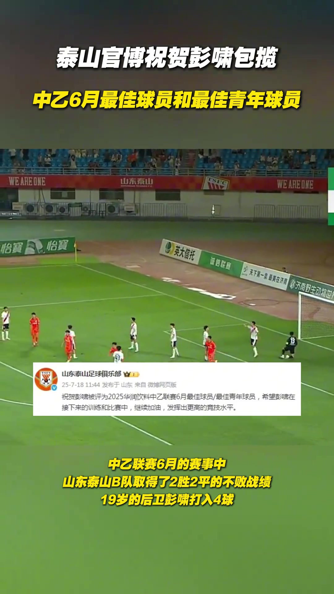 泰山官博祝賀彭嘯包攬中乙6月最佳球員和最佳青年球員