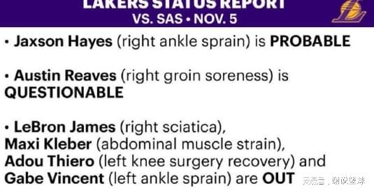 湖人迎關(guān)鍵對(duì)決，兩輪換出戰(zhàn)成疑，馬刺也面臨傷病潮