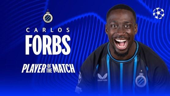 戰(zhàn)巴薩貢獻2球1助，布魯日前鋒福布斯當選歐冠全場最佳球員