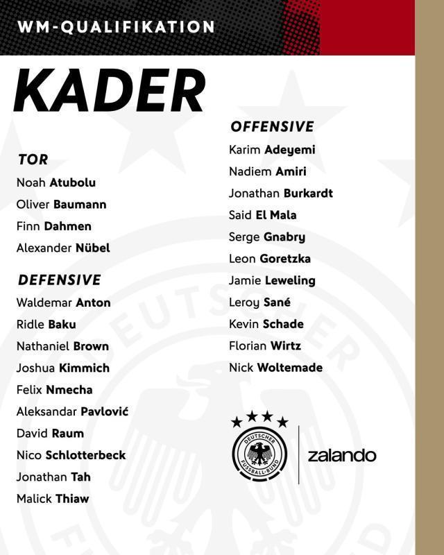 德國(guó)隊(duì)名單：維爾茨、基米希領(lǐng)銜，薩內(nèi)回歸