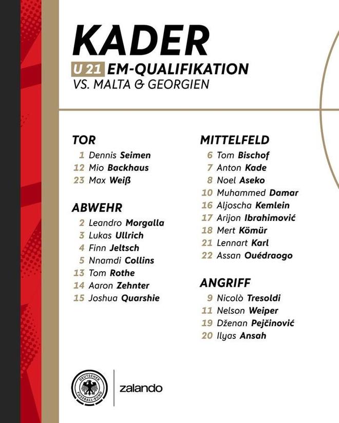 德國U21大名單：17歲卡爾入選，比朔夫、阿爾揚(yáng)-伊布在列